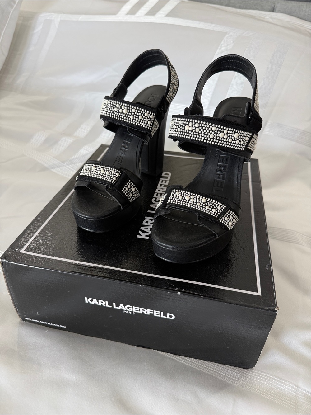 Karl Lagerfeld Black Crystal-Strap Platform Heels
